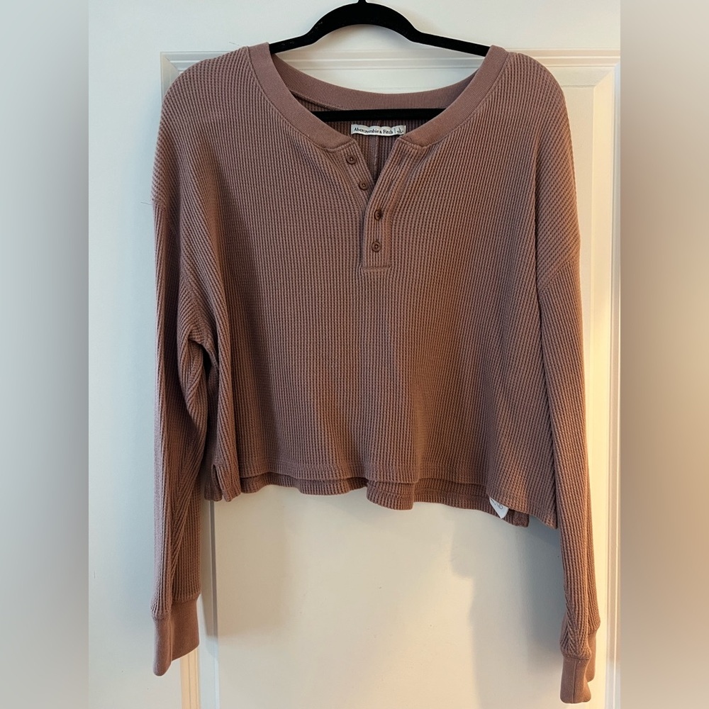Abercrombie & Fitch Mauve Waffle Henley Long Sleeve Crop Top